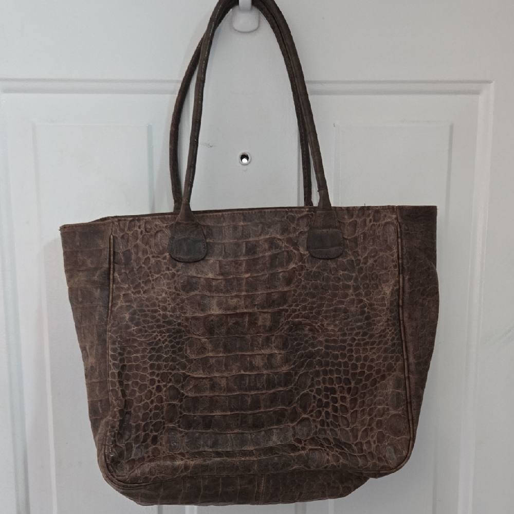 Maurizio Taiuti Brown Crocodile Embossed Tote Bag